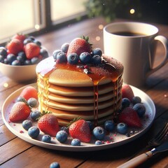 a table with pancakes with berries and coffee, cappuccino, breakfast, strawberry, food, fruit, dessert, sweet, raspberry, blueberry, fresh, delicious, pastry, pancakes, gourmet, berries, baked, plate - obrazy, fototapety, plakaty