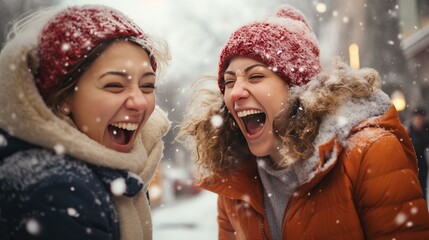 Two women engaged in a friendly snowball fight, their expressions of joy and camaraderie frozen in a moment of playful winter fun - obrazy, fototapety, plakaty