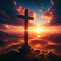 Jesus cross at sunset, beautiful landscape, sunrise, clouds, wood, landscape, symbol, catholic,...
