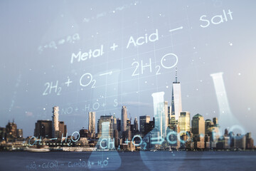 Double exposure of abstract virtual chemistry hologram on New York city skyscrapers background, research and development concept