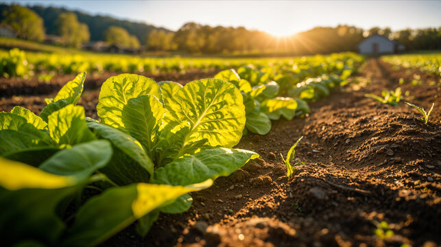 A close-up row of romaine lettuce in a farm field at sunrise