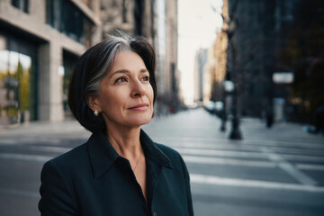 Fototapeta premium calm older woman in city street, neutral or sad thoughtful expression