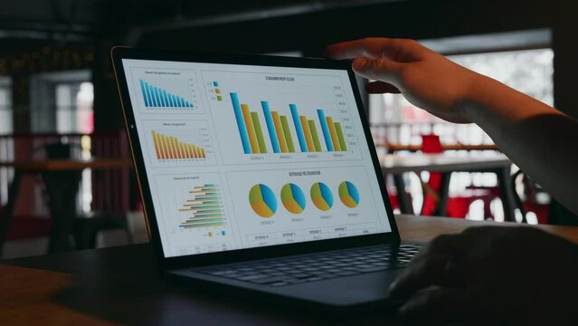 A close-up of the laptop screen with graphs and statistics on the laptop that the freelancer closes. The freelancer finishes his work in a dark cafe room and closes his work computer. High quality 4k