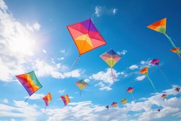 Rainbow-Colored Kites: Colorful kites flying high against a blue sky  - obrazy, fototapety, plakaty