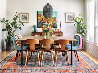 An eclectic bohemian dining room with a mix-and-match chair set, featuring vibrant colors and patterns.