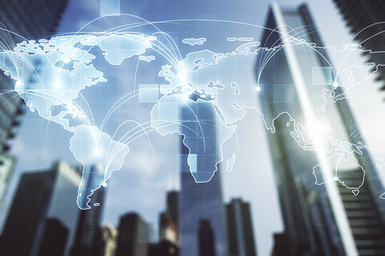 Double exposure of abstract digital world map hologram with connections on blurry cityscape background, big data and blockchain concept