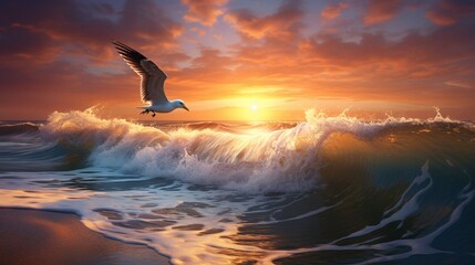 Fototapeta na wymiar ocean-view seascape breaking surfing ocean wave with cloudy sky seagull and the sun
