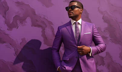 african american businessman in classic suit against vibrant purple backdrop