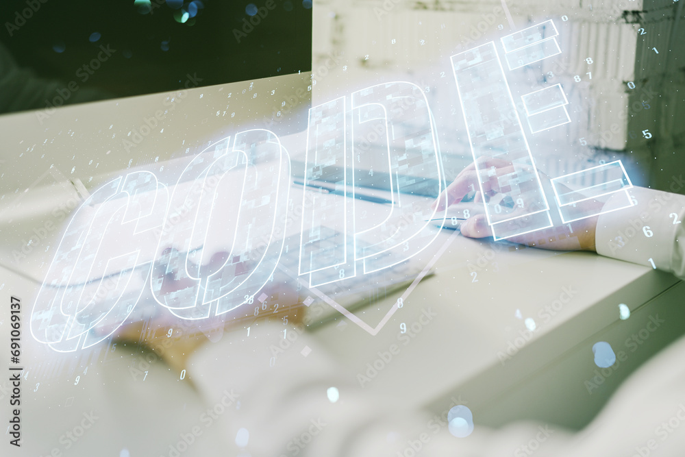 Poster creative code word hologram and hands typing on computer keyboard on background, artificial intellig