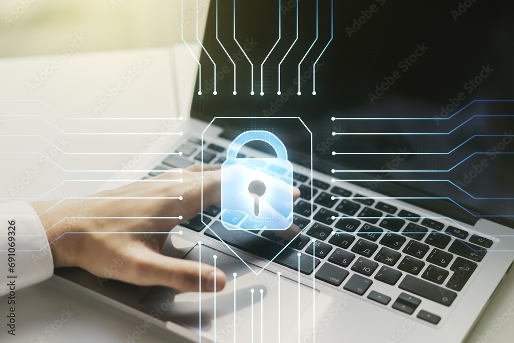 Poster double exposure of creative lock hologram with chip and hands typing on laptop on background. inform