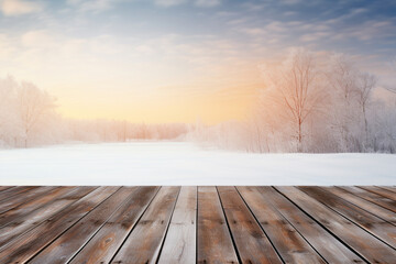 an empty old wooden table top against the background of an unfocused winter landscape during sunset,product presentation design concept, layout