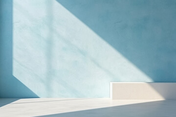 Minimalistic abstract simple light blue background,blue plastered wall with a falling shadow from the window,with a pedestal,product presentation design concept