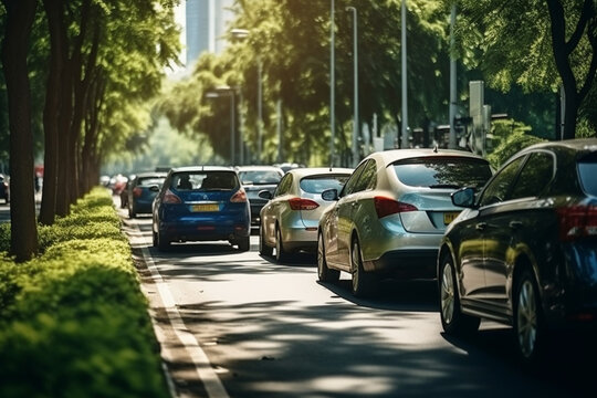a long city traffic jam on a summer day of cars idling and polluting the air with exhaust emissions,the concept of automotive transport and environmental problems