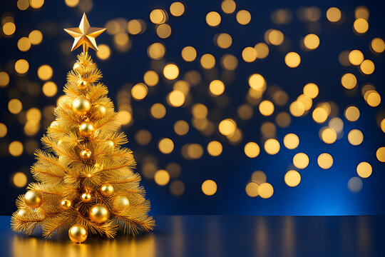 Gold Christmas tree left side of the background on a blue abstract background, style of energetic abstracts. photo Playground AI platform.