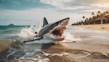 shark attack at the beach. Great White shark with jaws wide open