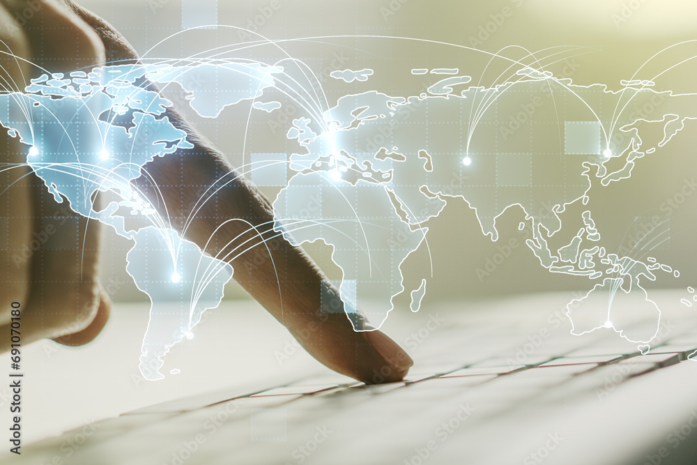Poster abstract graphic digital world map with connections and hands typing on computer keyboard on backgro