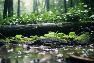 A  below angle view of a rainy forest, mossy trees and stones, grass and leaves, wet ground and pond, misty and foggy background, AI Generated.
