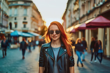 Fototapeta premium stylish young woman with red hair, wearing sunglasses and a black leather jacket, strolls on a lively urban street
