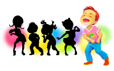 Laughing little boy dancing merrily. Find the shadow game. Clipart. Isolated watercolor illustration for design of cards, posters, t-shirt printing