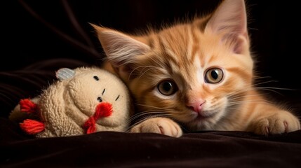 Orange buff ginger kitten with red mouse toy