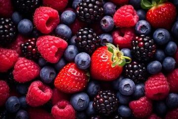 A top view close up of mix berry including strawberry raspberry and blueberry, delicious sour and sweet fruits, diet dessert, generated by AI. - obrazy, fototapety, plakaty