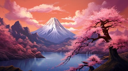 Oriental background, digital art. Illustration of a dawn mountain fantastic landscape with waterfalls and blooming sakura - obrazy, fototapety, plakaty