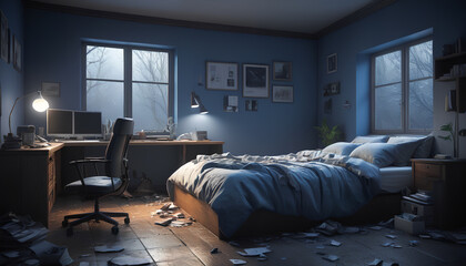 neglected and untidy bedroom in shades of blue, generative AI