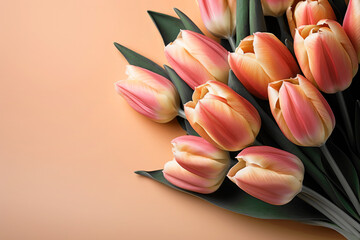 bouquet of tulips on peach fuzz colored background. Card template for Happy Mother's Day, International Women's Day, Birthday, Valentine's Day. 