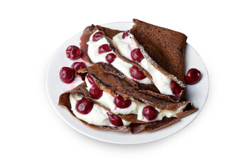 Chocolate Crepes with Cherry on White Background