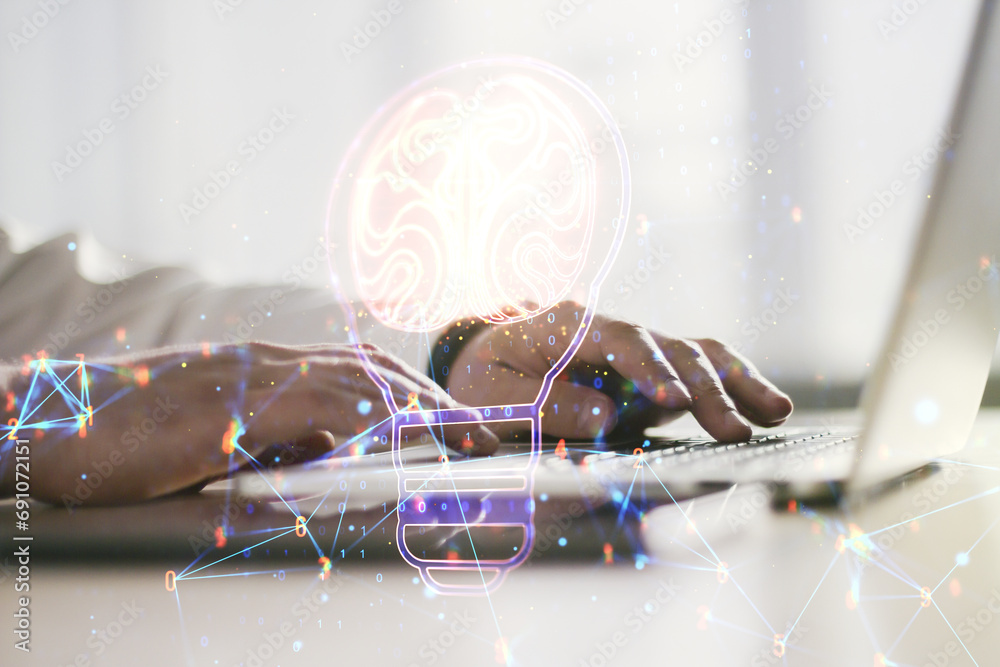 Aufkleber creative idea concept with light bulb and human brain illustration and with hands typing on laptop o