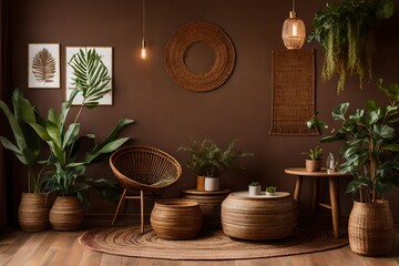 A bohemian and comfortable living area featuring a mock-up poster frame, a round table, rattan seats, a commode, plants, and many decorations and accessories