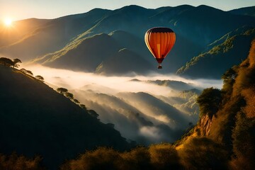 Air Balloon flying over misty mountains at sunrise - freedom and travel concept