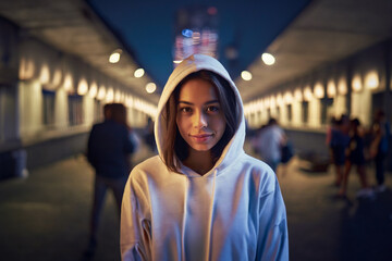 Young woman in white hoodie, lost in thought 