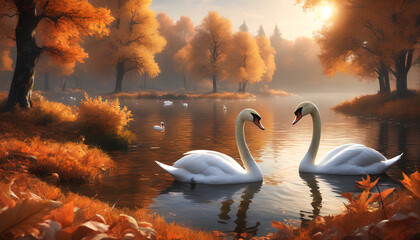 swans on a lake during autumn weather, generative AI