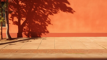 Naklejka na ściany i meble Terracotta red-brown-orange house wall and sidewalk adorned with the shadow of a tree. Outdoor street exterior with space for product design objects in the background.
