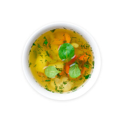 Vegetable Soup with Carrot, Bell Pepper, Potato, Leek and Herbs, Bowl of Healthy Vegetarian Soup on...