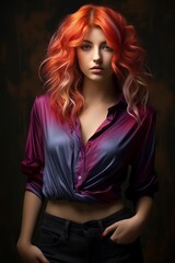 Fototapeta premium Beautiful model girl standing in a dark place wearing colorful decollete shirt that stomach and belly shows and a black pants, colored long hair, hand inside pocket, generated by AI.