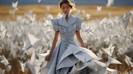  A fashion model posing amidst a field of floating origami figures, creating a visually captivating and artistic atmosphere that complements the couture fashion being showcased