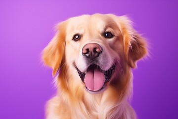 A close-up portrait of a golden retriever puppy on a purple background