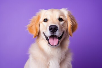 A close-up portrait of a golden retriever puppy on a purple background