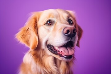 A close-up portrait of a golden retriever puppy on a purple background