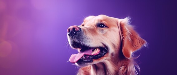 A close-up portrait of a golden retriever puppy on a purple background