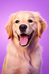 A close-up portrait of a golden retriever puppy on a purple background