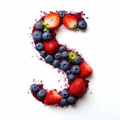 Letter S made from laid fruit, blueberries, strawberries and red powder, white background