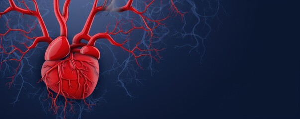 Stylized human human heart with veins, arteries and blood vessels on blue background