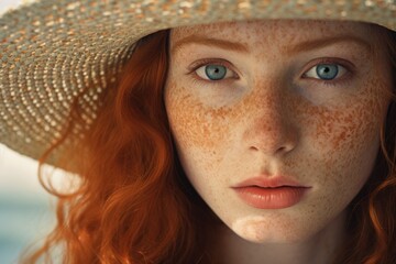 Young female face with freckles, the girl has a straw hat on and red hair