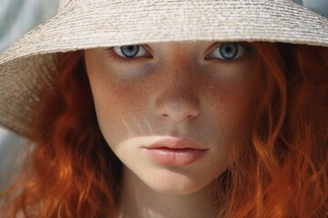 Young female face with freckles, blue eyes, the girl has a straw hat on and red hair