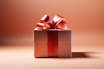  gift box with a satin ribbon and bow on peach fuzz color background. Color of the year 2024 concept.