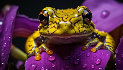 Macro shot of a green frog with golden eyes and black stripes on wet skin, sitting on a purple flower with water drops