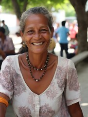 elderly Brazilian woman smiles into the camera in a park in the shade